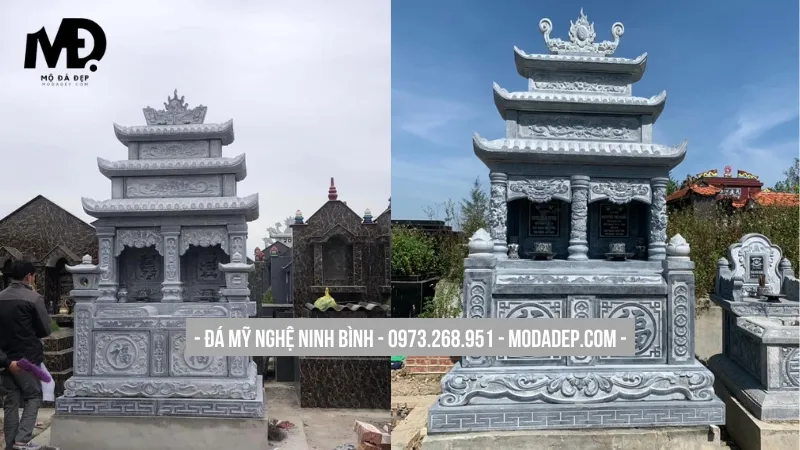 Mộ đá đôi 3 mái sang trọng, cầu kỳ
