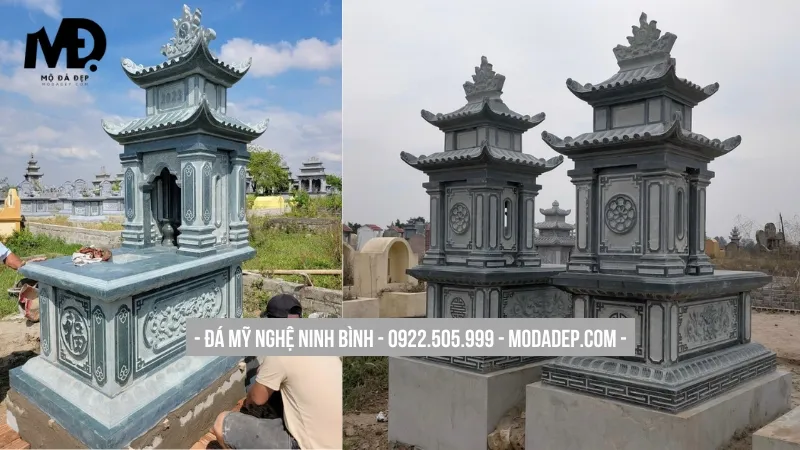 Lăng mộ đá xanh rêu tam cấp 2 mái sang trọng