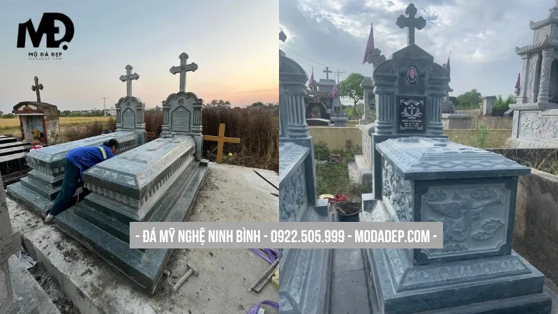 Mộ đá xanh rêu công giáo hiện đại, tối giản