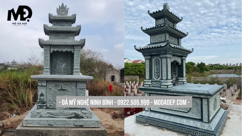 Mẫu mộ đá ba mái che bằng đá xanh uy nghiêm