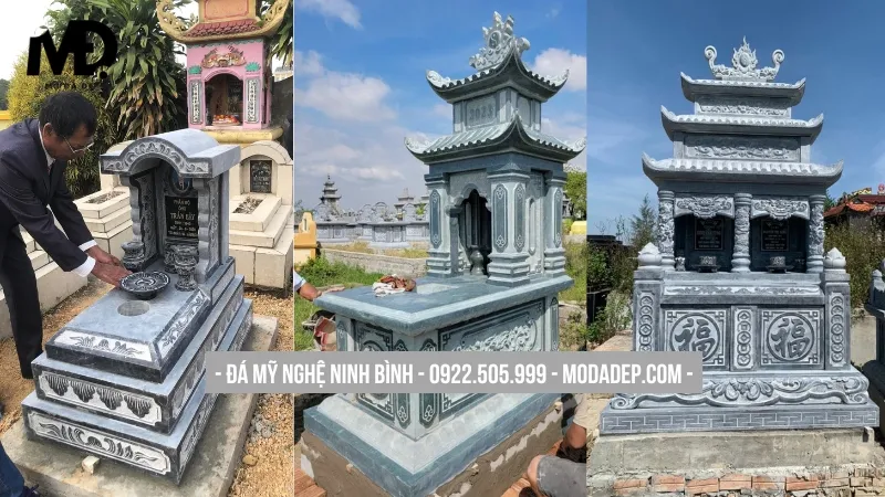 Mộ đá đơn có mái bề thế, chạm khắc tinh xảo