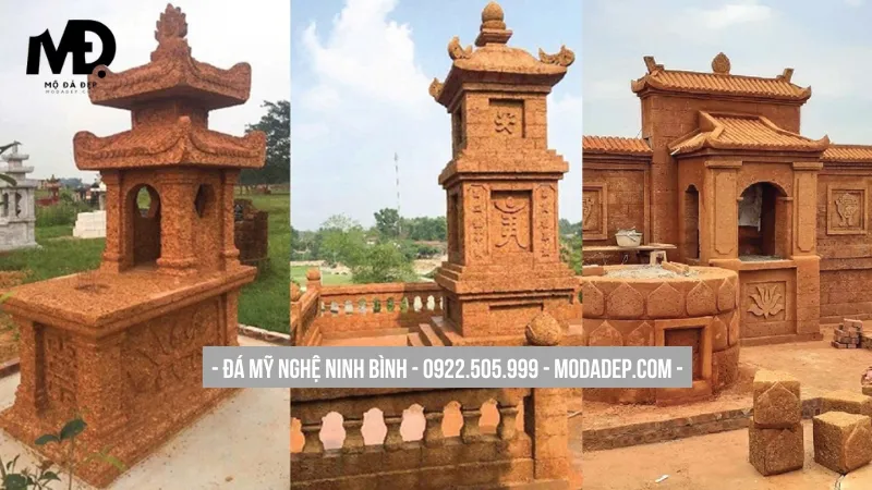 Mộ đá tổ ong hai mái truyền thống, chạm khắc hoa văn tinh xảo