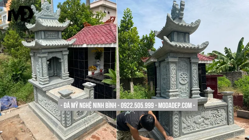 Mẫu mộ đá xanh 2 mái chạm khắc rồng phượng