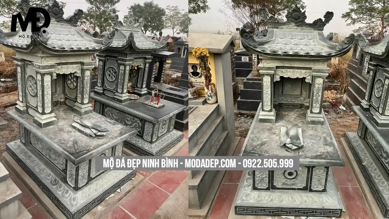 Tại Mộ Đá Đẹp Ninh Bình, chúng tôi thiết kế và thi công nhiều kiểu mộ có mái che phù hợp từng diện tích