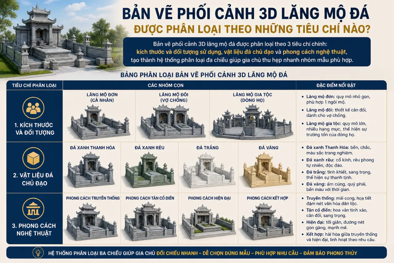 Bản Vẽ Phối Cảnh 3D Lăng Mộ Đá Được Phân Loại Theo Những Tiêu Chí Nào?