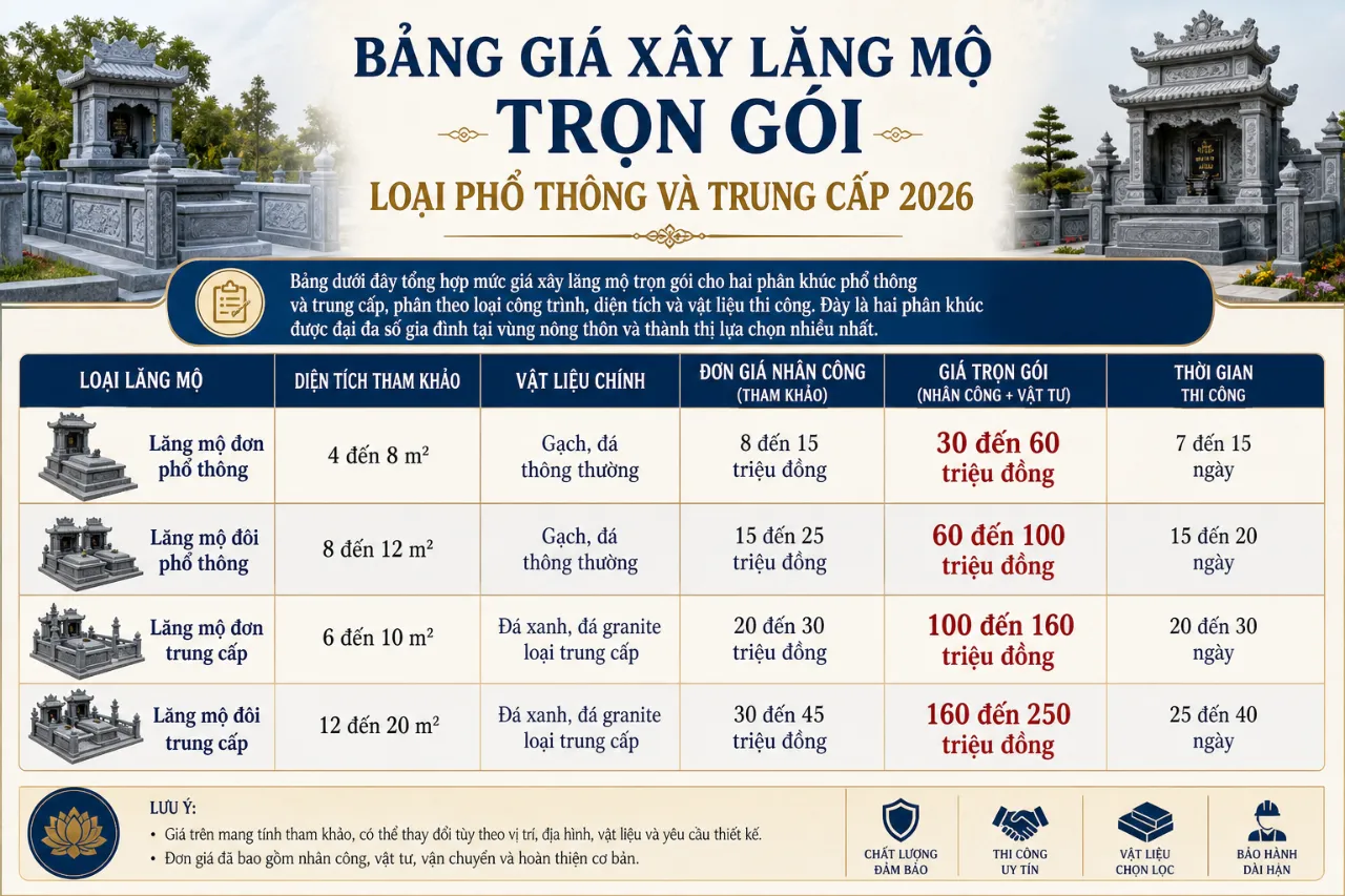 Bảng Giá Xây Lăng Mộ Trọn Gói Loại Phổ Thông Và Trung Cấp 2026