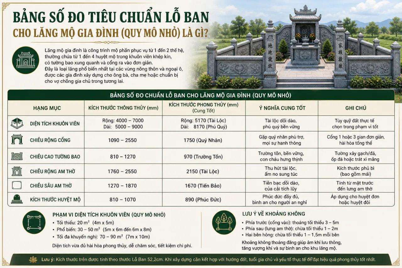 Bảng Số Đo Tiêu Chuẩn Lỗ Ban Cho Lăng Mộ Gia Đình (Quy Mô Nhỏ) Là Gì?
