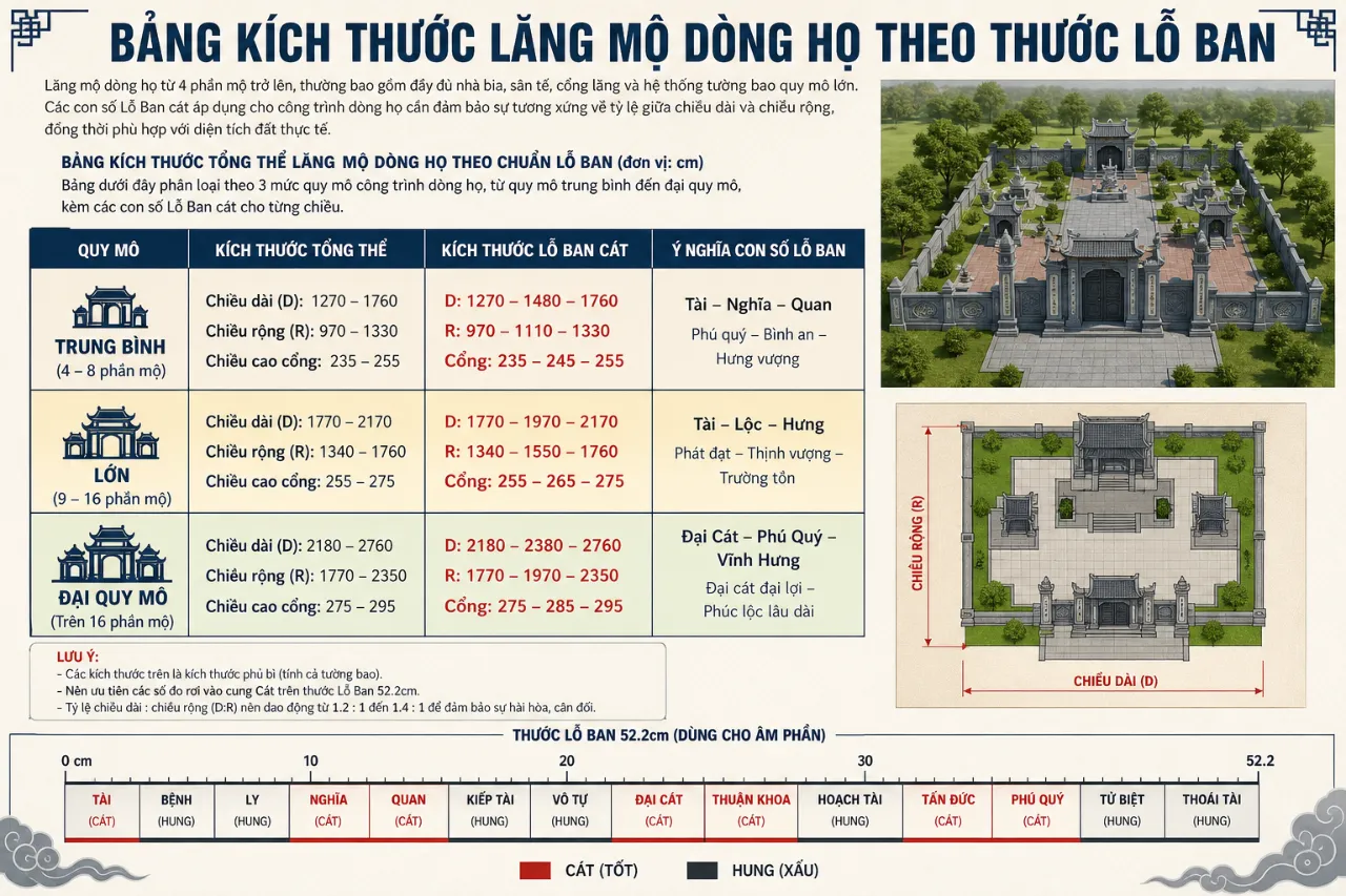 Bảng kích thước lăng mộ dòng họ theo thước Lỗ Ban