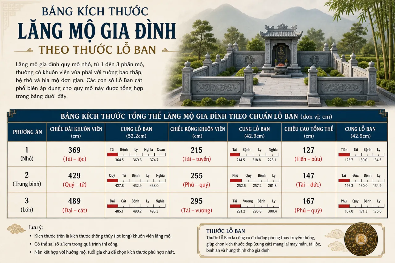 Bảng kích thước lăng mộ gia đình theo thước Lỗ Ban