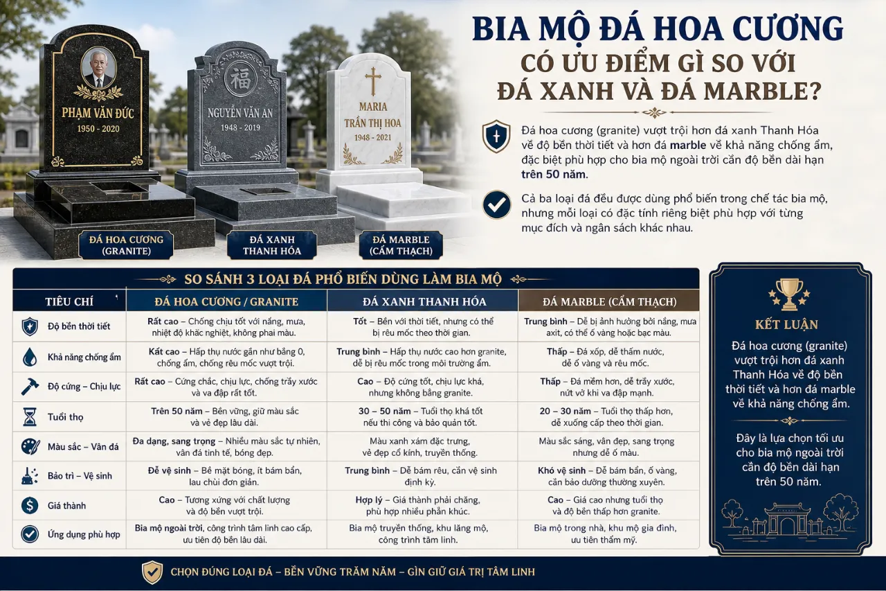 Bia Mộ Đá Hoa Cương Có Ưu Điểm Gì So Với Đá Xanh Và Đá Marble?