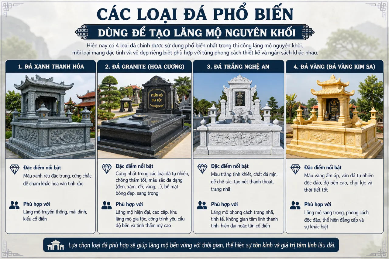 Các Loại Đá Phổ Biến Dùng Để Tạo Lăng Mộ Nguyên Khối