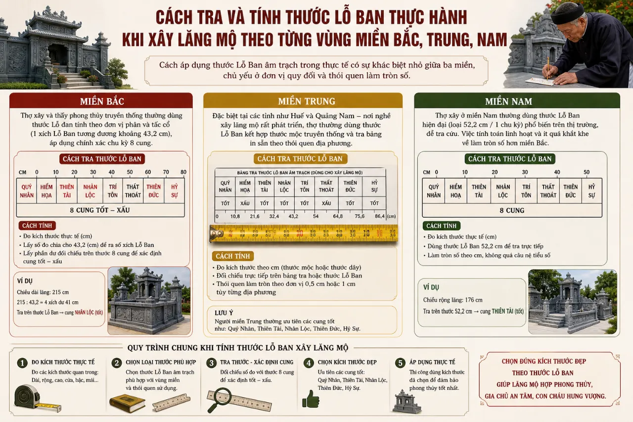 Cách tra và tính thước Lỗ Ban thực hành khi xây lăng mộ theo từng vùng miền Bắc, Trung, Nam