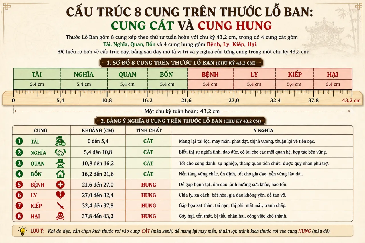Cấu Trúc 8 Cung Trên Thước Lỗ Ban: Cung Cát Và Cung Hung