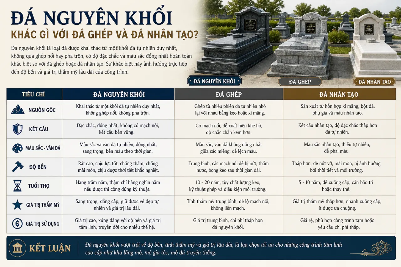 Đá nguyên khối khác gì với đá ghép và đá nhân tạo?