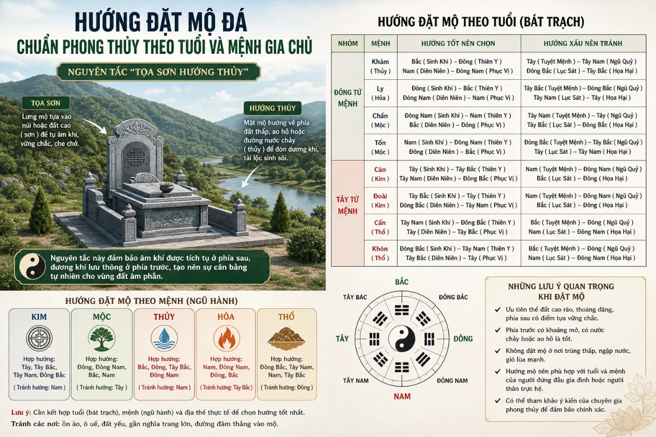 Hướng đặt mộ đá chuẩn phong thủy theo tuổi và mệnh gia chủ