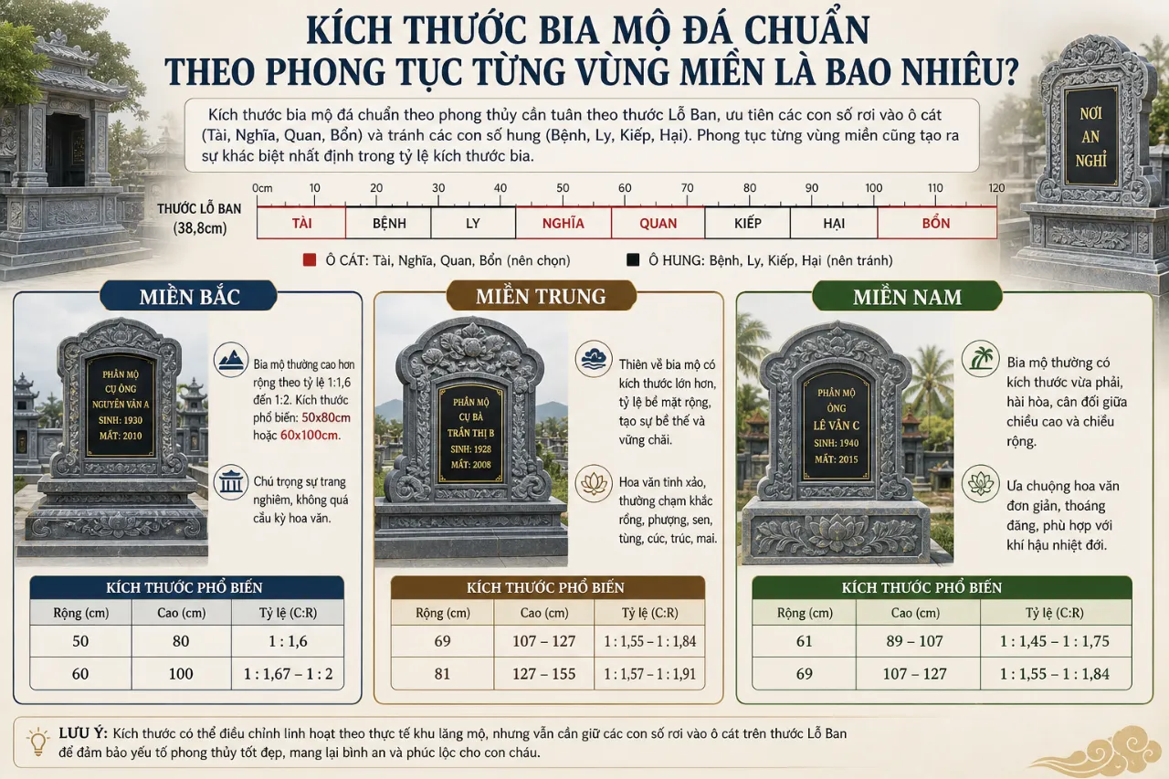 Kích Thước Bia Mộ Đá Chuẩn Theo Phong Tục Từng Vùng Miền Là Bao Nhiêu?