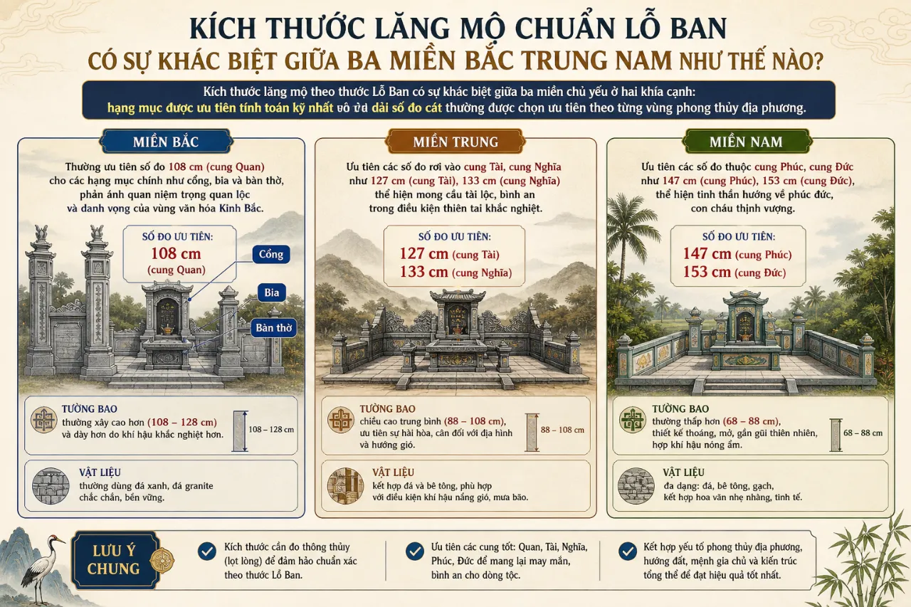 Kích Thước Lăng Mộ Chuẩn Lỗ Ban Có Sự Khác Biệt Giữa Ba Miền Bắc Trung Nam Như Thế Nào?