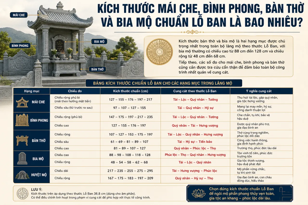 Kích Thước Mái Che, Bình Phong, Bàn Thờ Và Bia Mộ Chuẩn Lỗ Ban Là Bao Nhiêu?