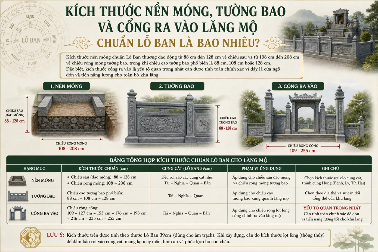 Kích Thước Nền Móng, Tường Bao Và Cổng Ra Vào Lăng Mộ Chuẩn Lỗ Ban Là Bao Nhiêu?