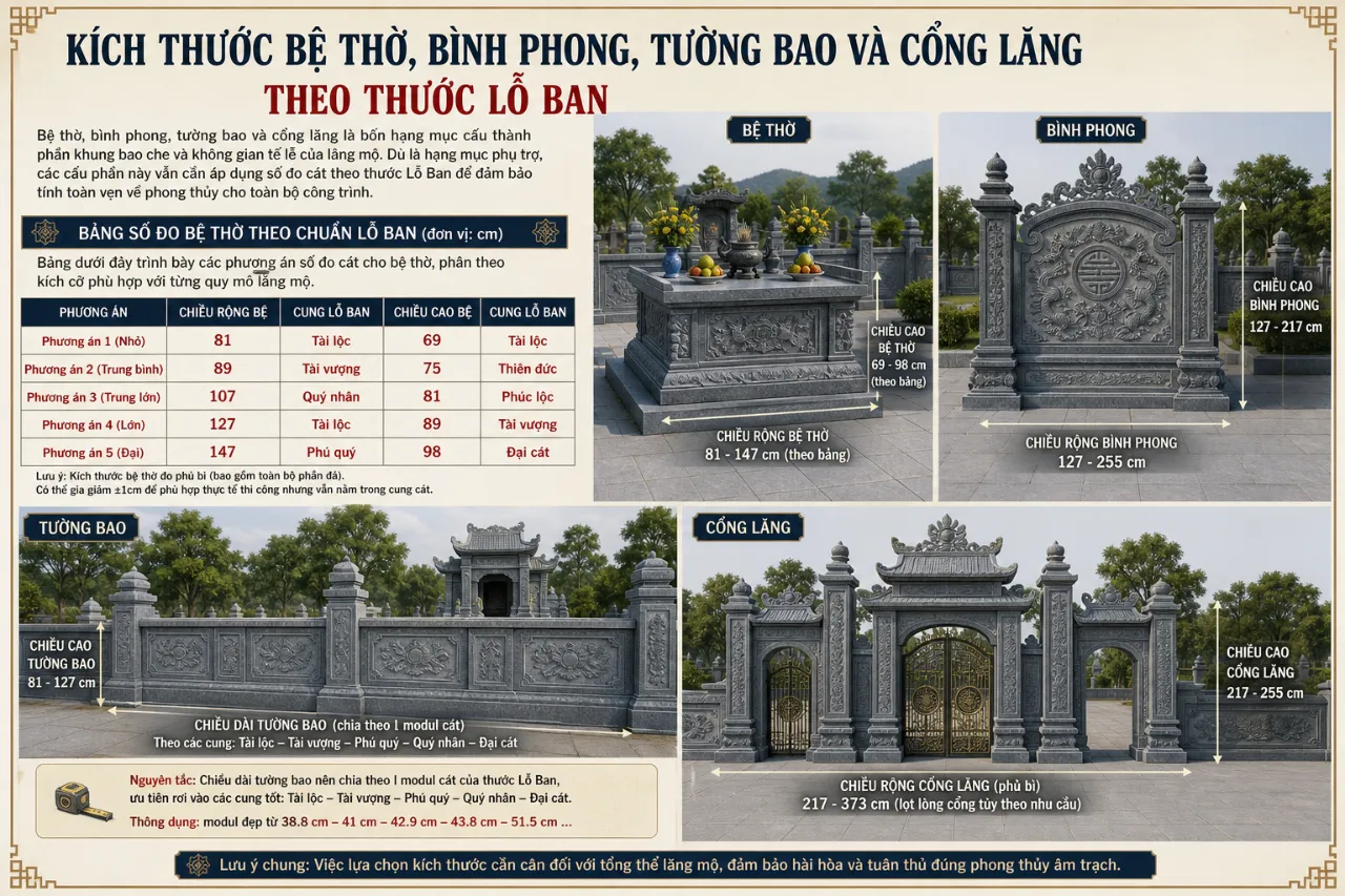 Kích thước bệ thờ, bình phong, tường bao và cổng lăng theo thước Lỗ Ban