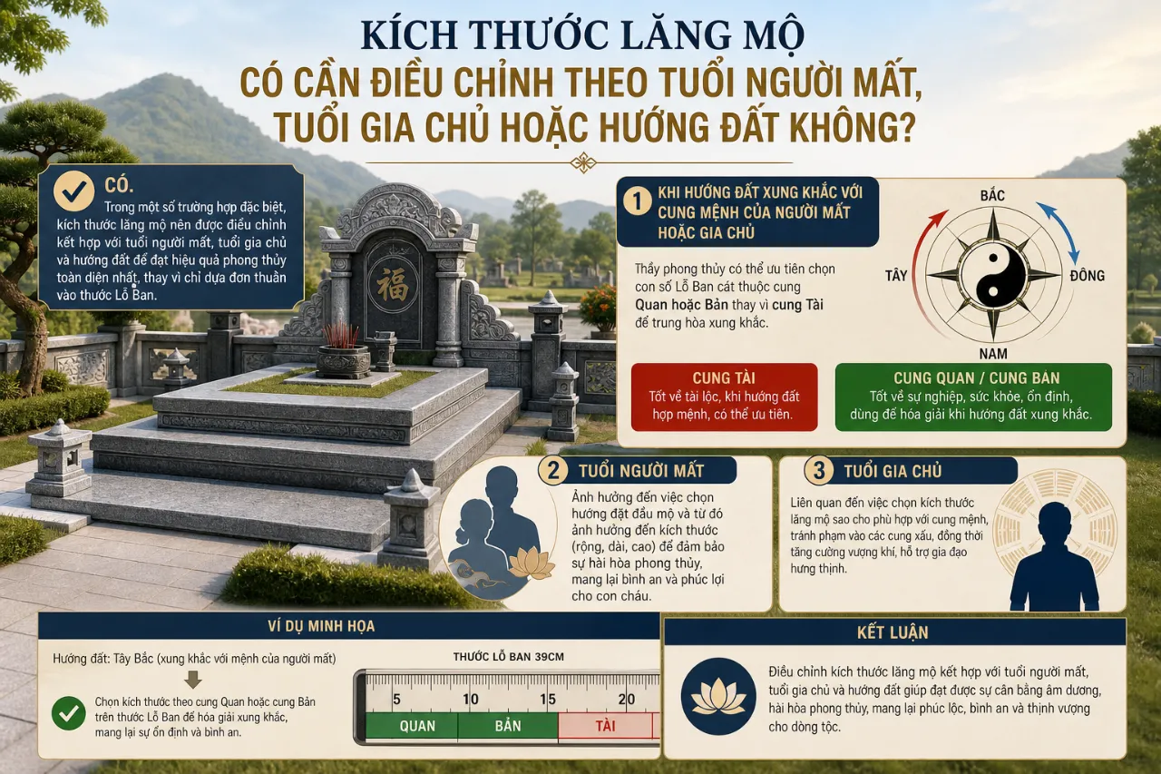 Kích thước lăng mộ có cần điều chỉnh theo tuổi người mất, tuổi gia chủ hoặc hướng đất không?
