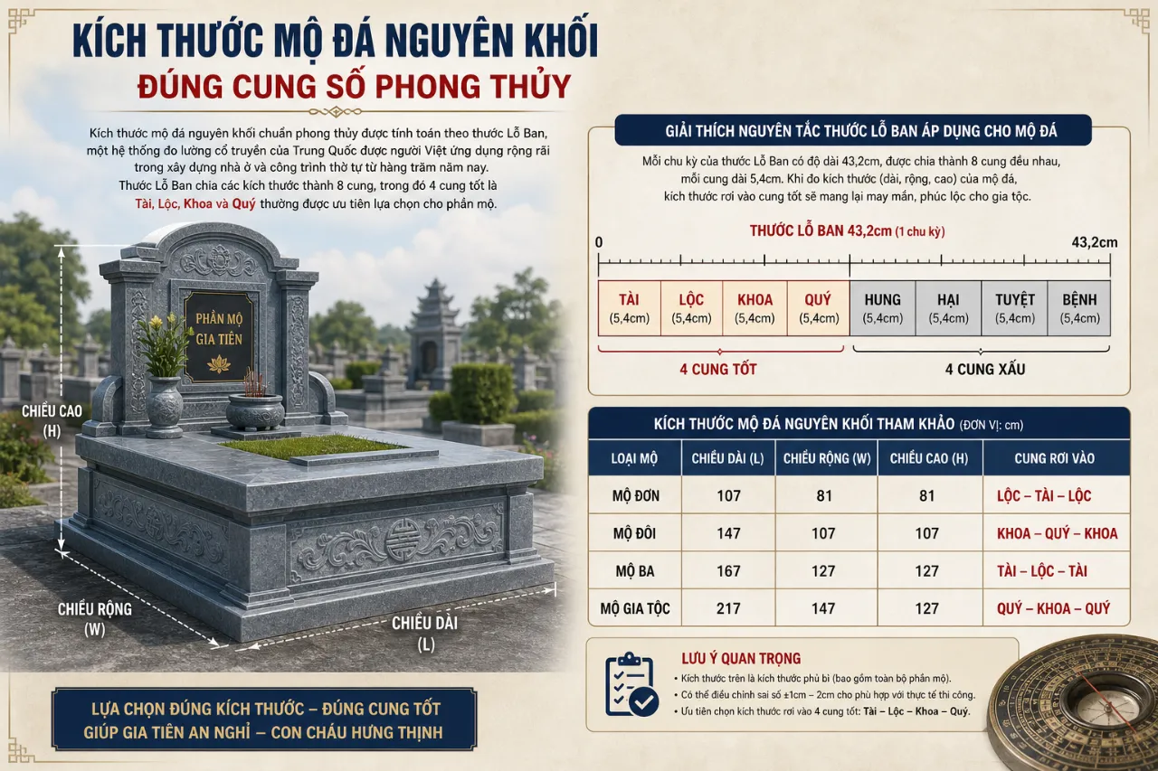 Kích thước mộ đá nguyên khối đúng cung số phong thủy