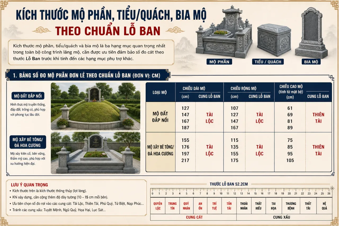 Kích thước mộ phần, tiểu/quách, bia mộ theo chuẩn Lỗ Ban