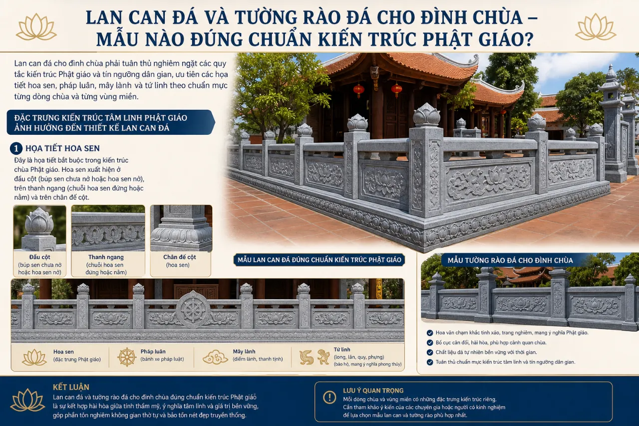 Lan can đá và tường rào đá cho đình chùa – mẫu nào đúng chuẩn kiến trúc Phật giáo?