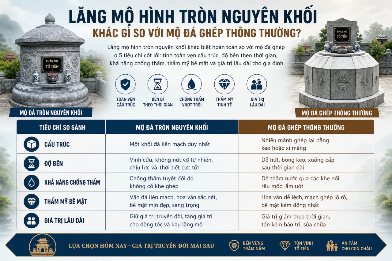 Lăng Mộ Hình Tròn Nguyên Khối Khác Gì So Với Mộ Đá Ghép Thông Thường?