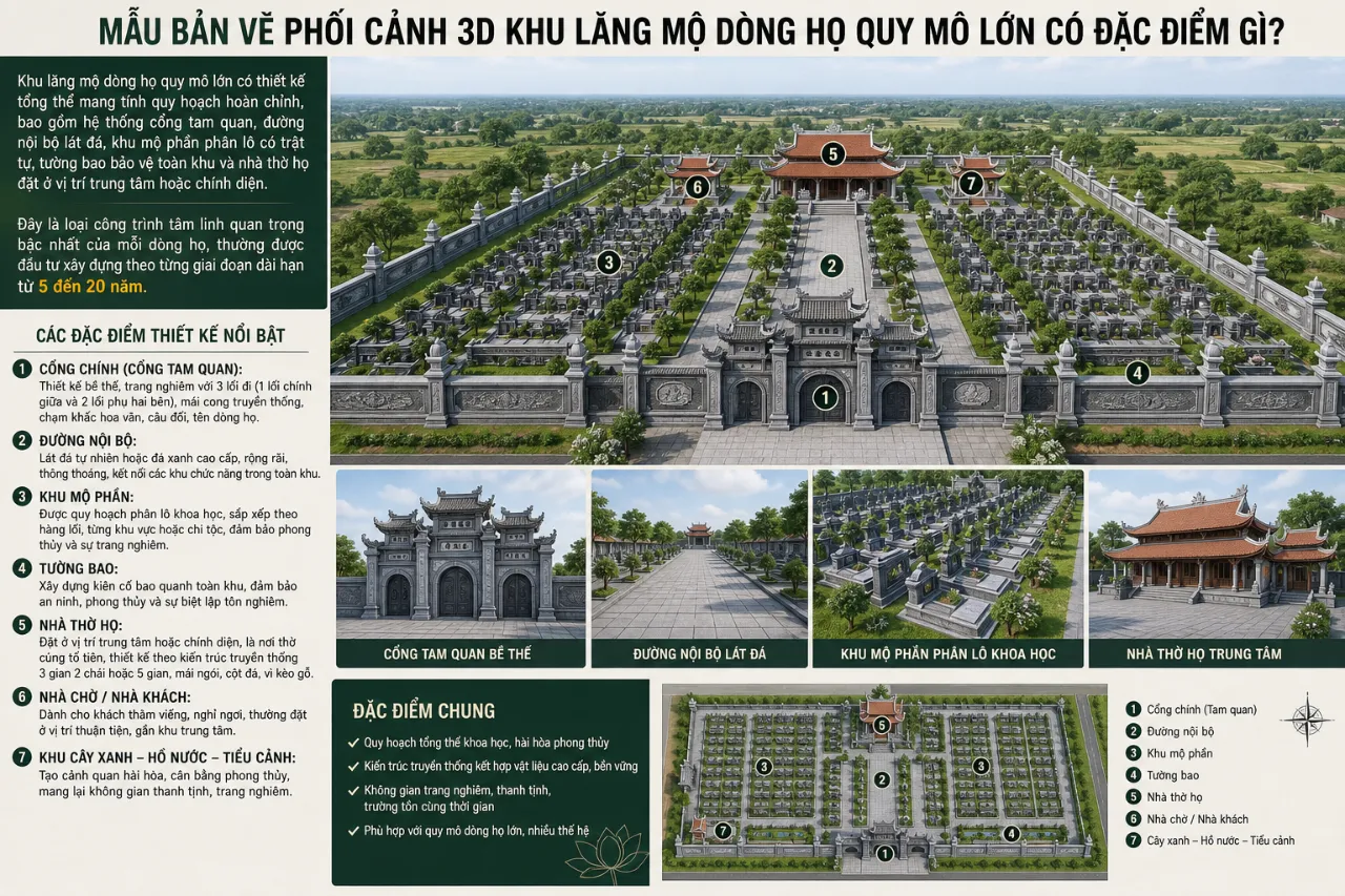 Mẫu Bản Vẽ Phối Cảnh 3D Khu Lăng Mộ Dòng Họ Quy Mô Lớn Có Đặc Điểm Gì?