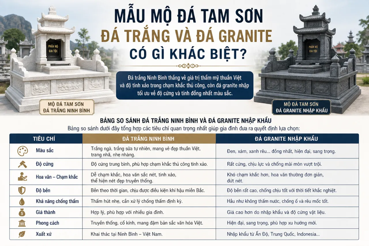 Mẫu Mộ Đá Tam Sơn Đá Trắng Và Đá Granite Có Gì Khác Biệt?