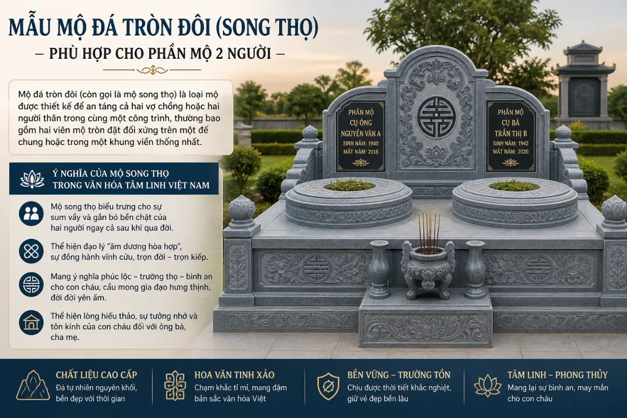 Mẫu Mộ Đá Tròn Đôi (Song Thọ) – Phù Hợp Cho Phần Mộ 2 Người