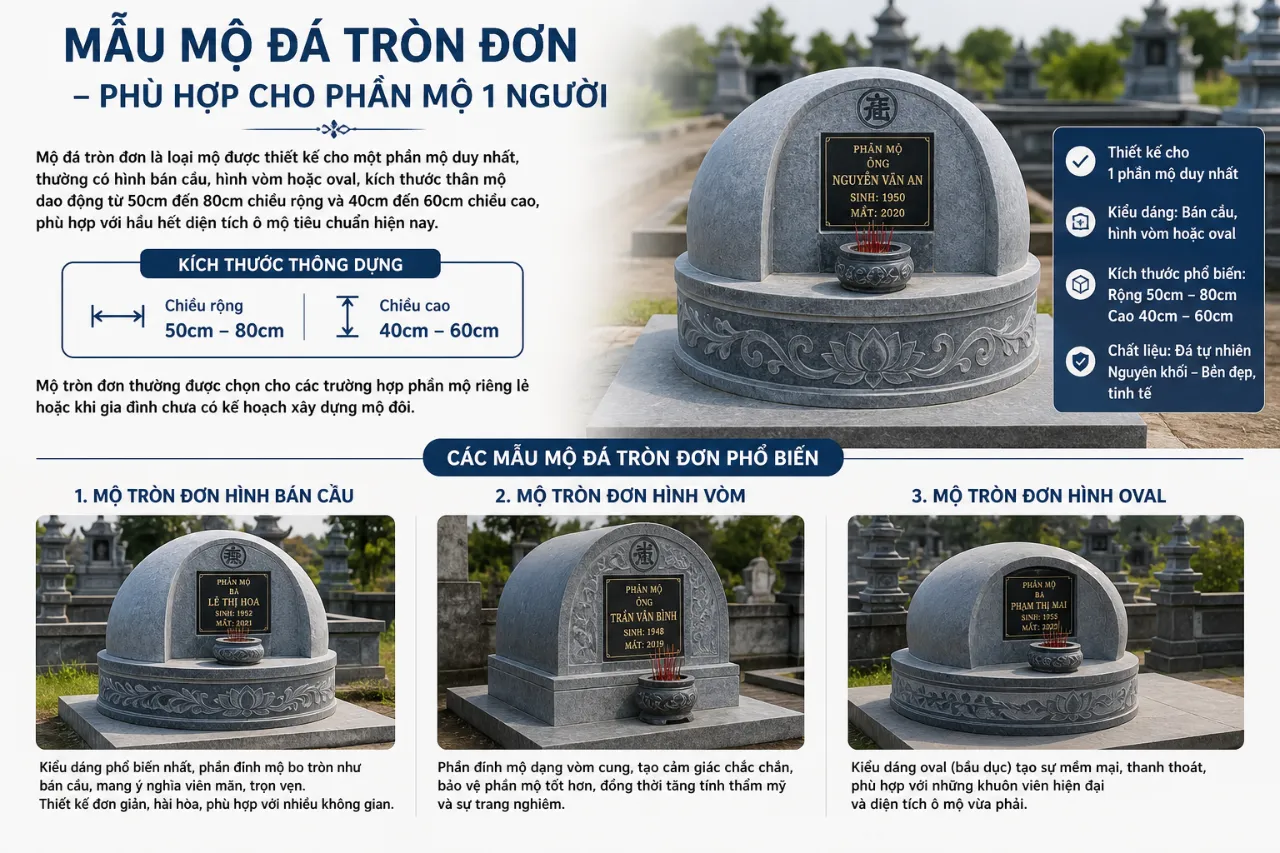 Mẫu Mộ Đá Tròn Đơn – Phù Hợp Cho Phần Mộ 1 Người