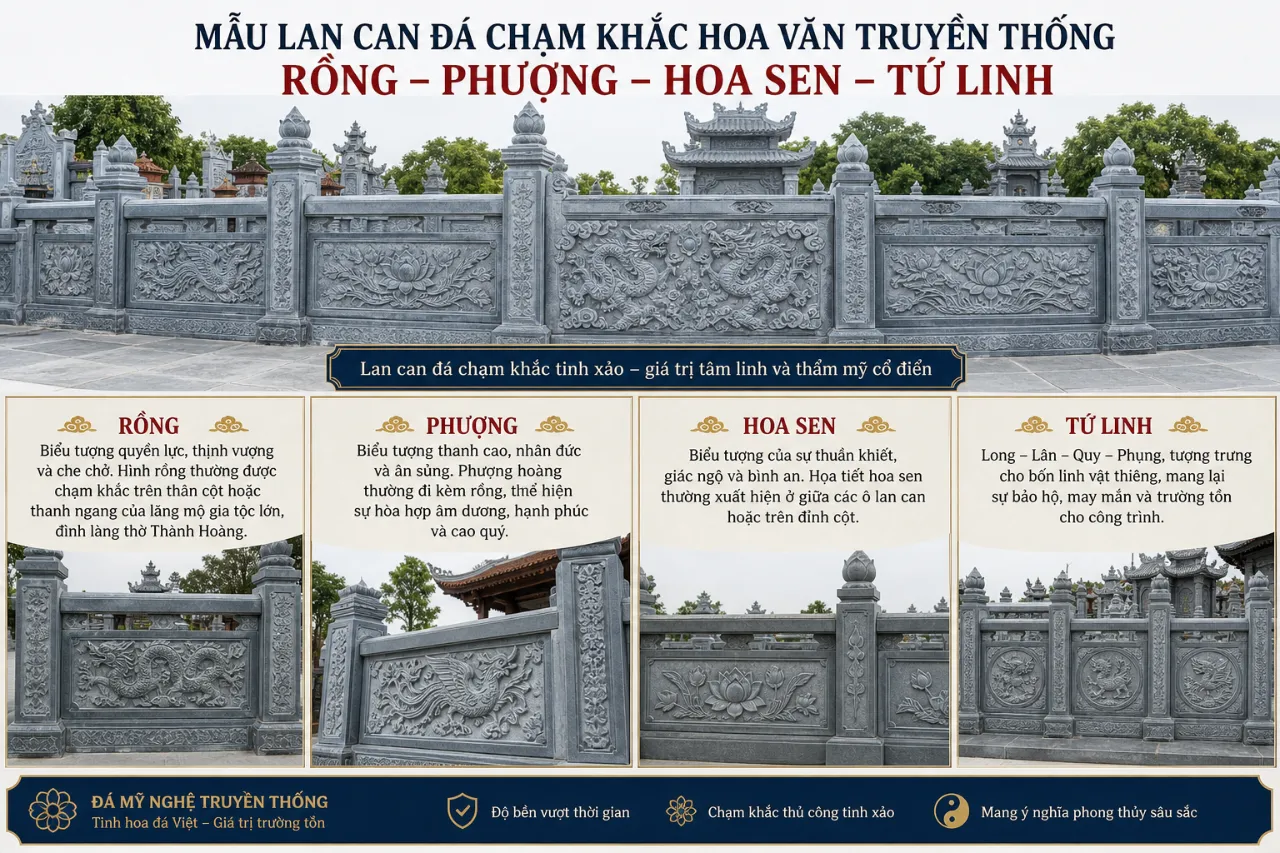 Mẫu lan can đá chạm khắc hoa văn truyền thống – rồng, phượng, hoa sen, tứ linh