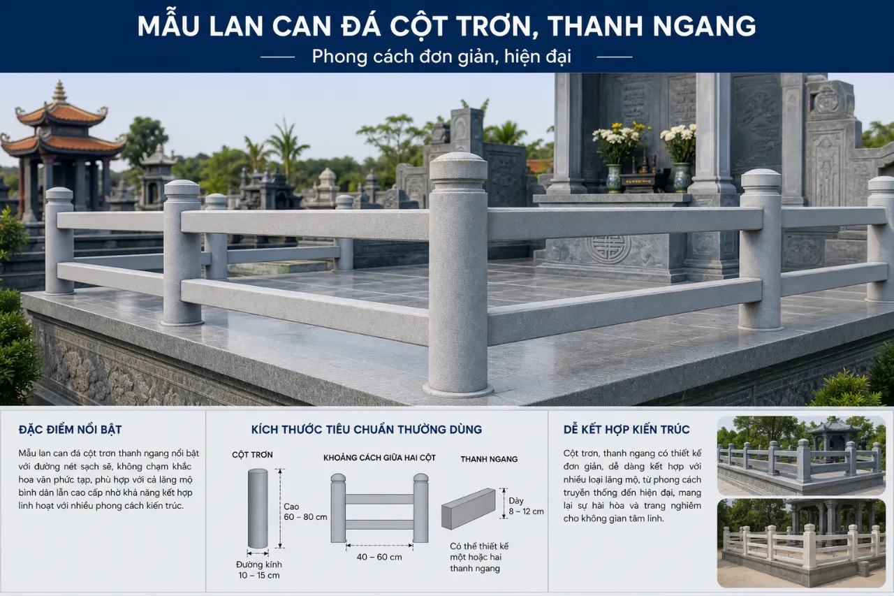 Mẫu lan can đá cột trơn, thanh ngang – phong cách đơn giản, hiện đại