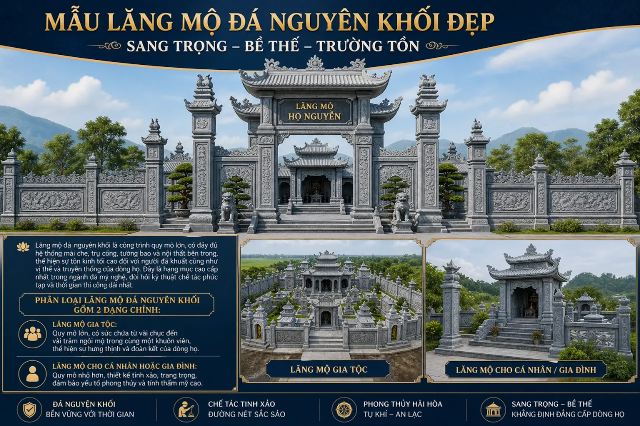 Mẫu lăng mộ đá nguyên khối đẹp – Sang trọng, bề thế, trường tồn