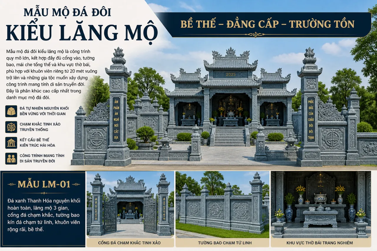 Mẫu mộ đá đôi kiểu lăng mộ – Bề thế, đẳng cấp, trường tồn