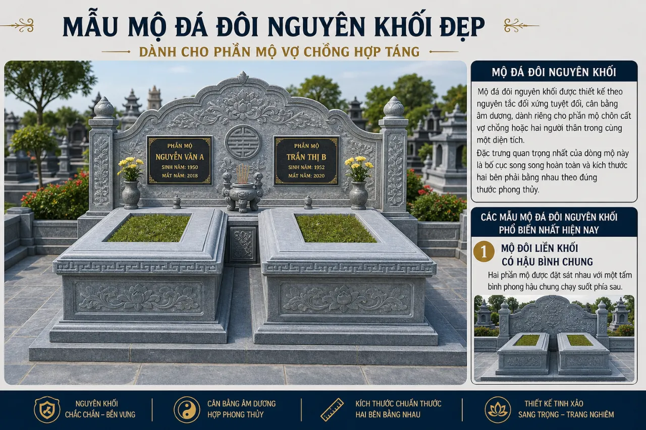 Mẫu mộ đá đôi nguyên khối đẹp – Dành cho phần mộ vợ chồng hợp táng