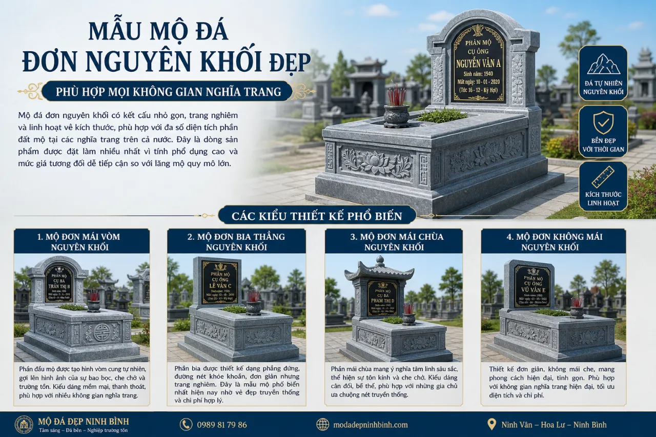 Mẫu mộ đá đơn nguyên khối đẹp – Phù hợp mọi không gian nghĩa trang
