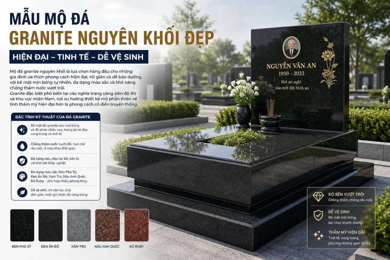 Mẫu mộ đá granite nguyên khối đẹp – Hiện đại, tinh tế, dễ vệ sinh