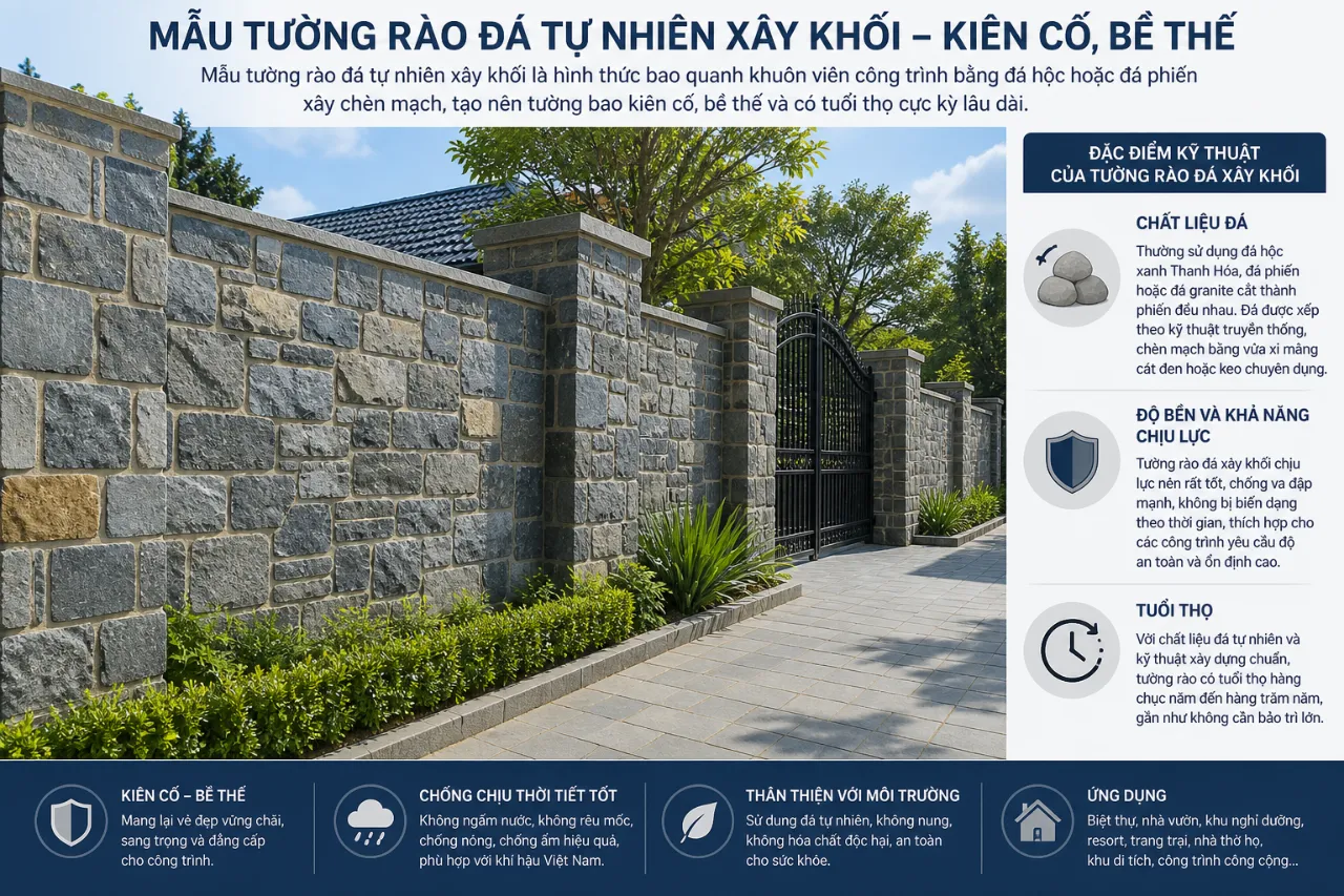 Mẫu tường rào đá tự nhiên xây khối – kiên cố, bề thế