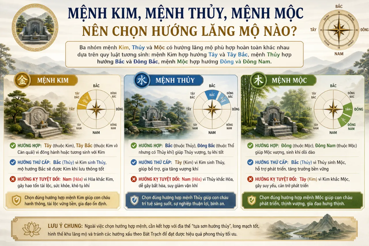 Mệnh Kim, Mệnh Thủy, Mệnh Mộc Nên Chọn Hướng Lăng Mộ Nào?