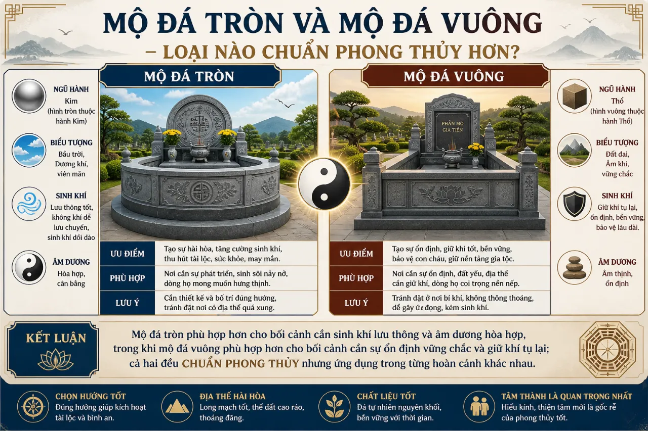 Mộ Đá Tròn Và Mộ Đá Vuông – Loại Nào Chuẩn Phong Thủy Hơn?