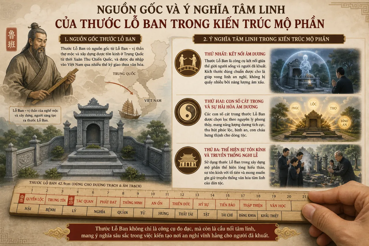 Nguồn Gốc Và Ý Nghĩa Tâm Linh Của Thước Lỗ Ban Trong Kiến Trúc Mộ Phần