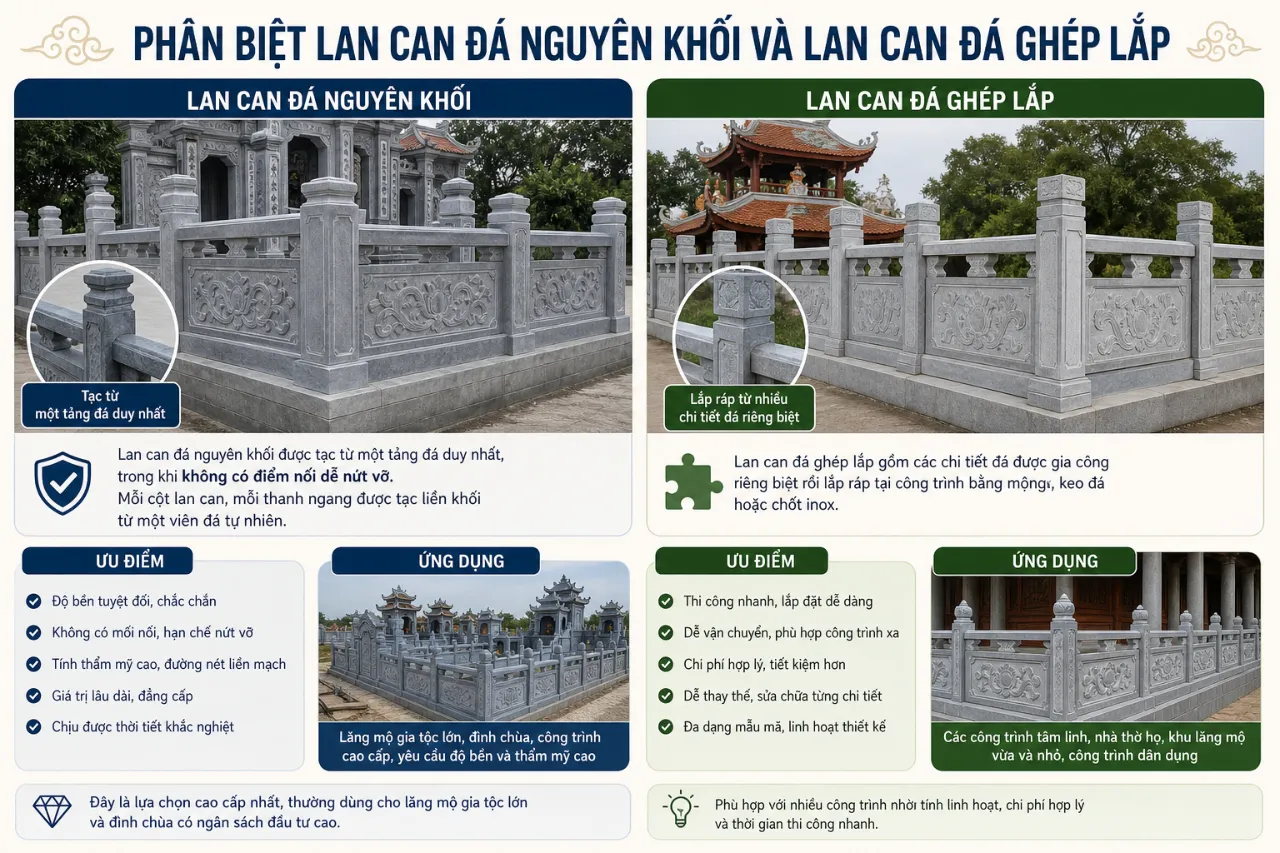 Phân biệt lan can đá nguyên khối và lan can đá ghép lắp