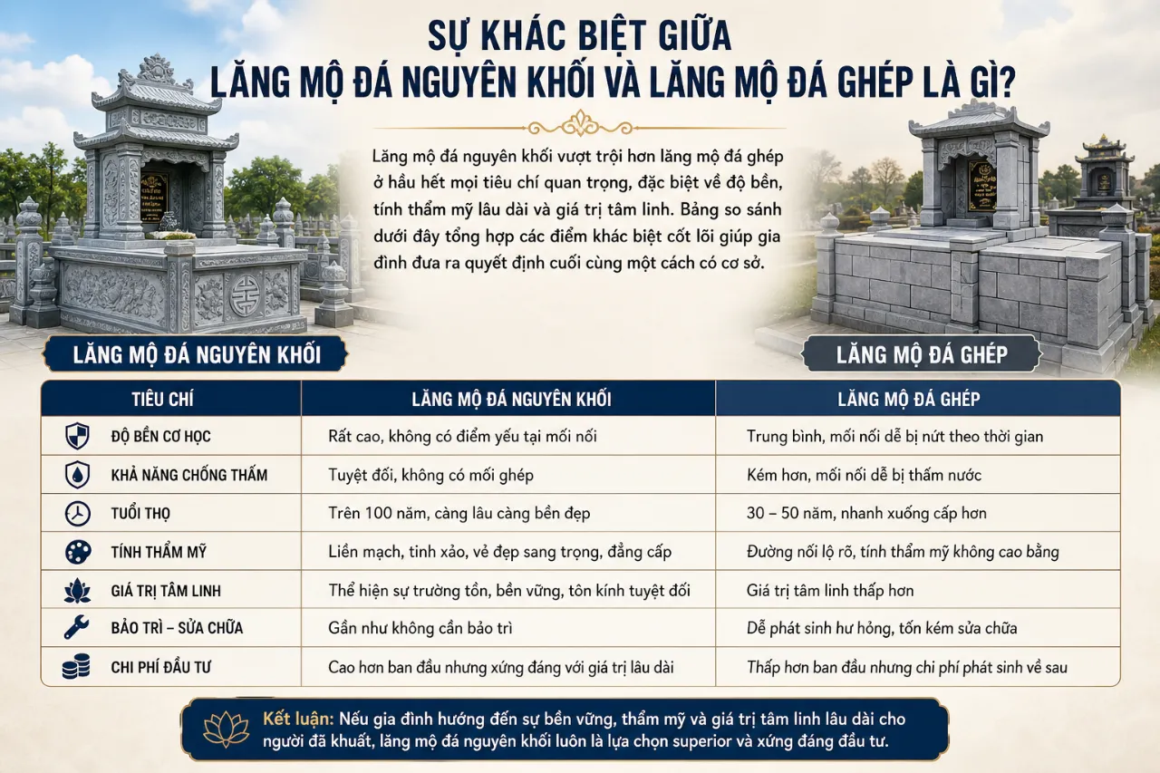 Sự Khác Biệt Giữa Lăng Mộ Đá Nguyên Khối Và Lăng Mộ Đá Ghép Là Gì?