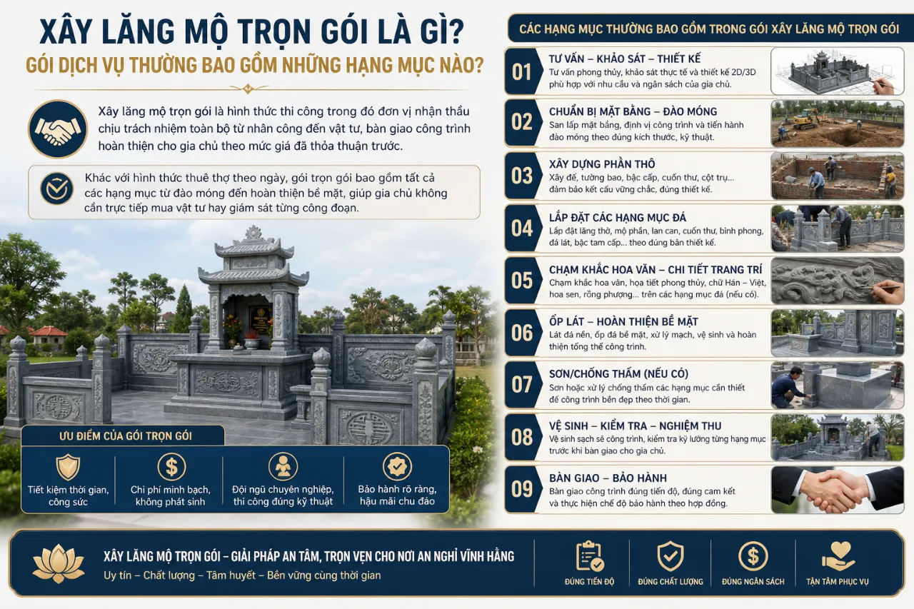 Xây Lăng Mộ Trọn Gói Là Gì? Gói Dịch Vụ Thường Bao Gồm Những Hạng Mục Nào?
